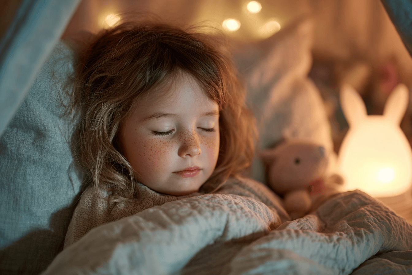 petite fille qui dort paisiblement lumière douce et chaleureuse dans la chambre
